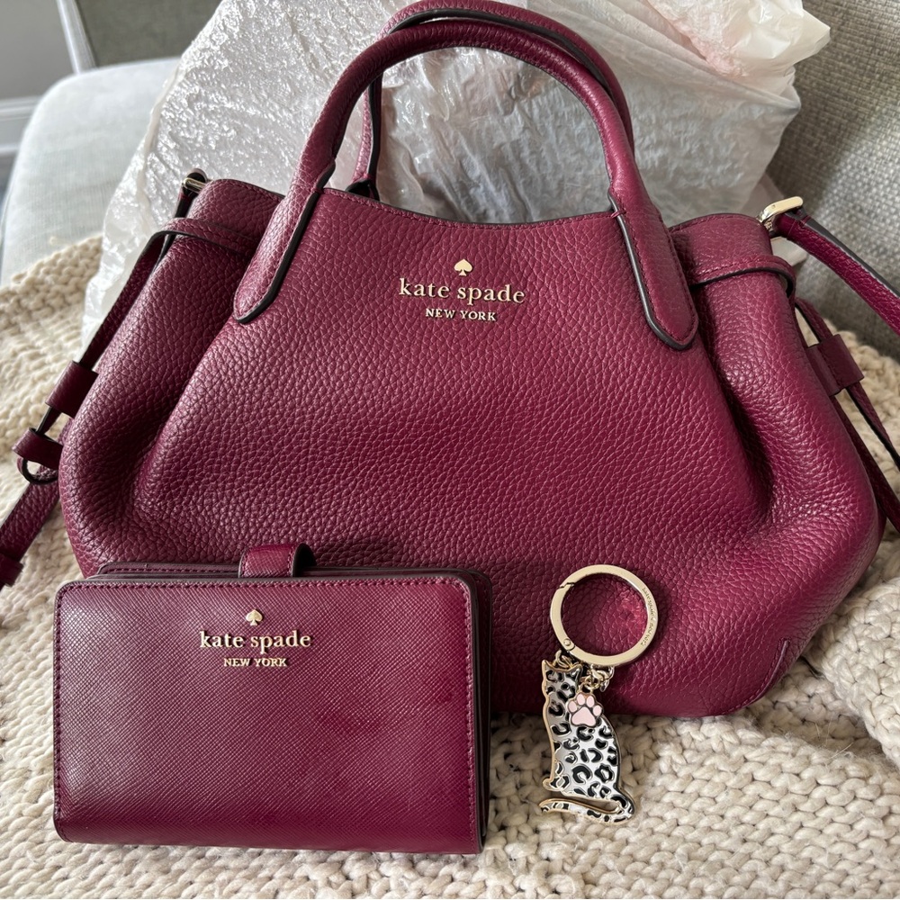 Kate Spade Burgundy Satchel in Pebbled Leather - matching wallet & keychain